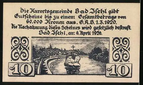 Notgeld Bad Ischl 1920, 10 Heller, Flusslandschaft mit Kreuz und Dorfansicht