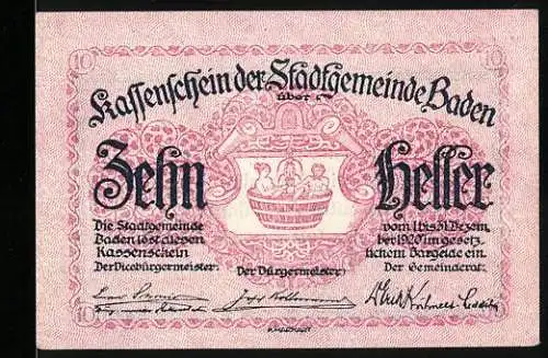 Notgeld Baden 1920, 10 Heller, Wappen mit Kindern in einem Fass, Spruch auf der Rückseite