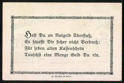 Notgeld Baden 1920, 10 Heller, Wappen mit Kindern in einem Fass, Spruch auf der Rückseite