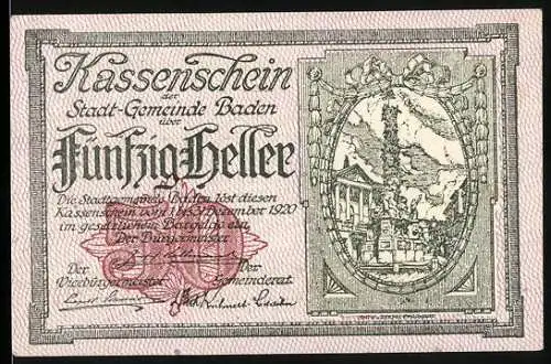 Notgeld Baden 1920, 50 Heller, Landschaftsmotiv mit Gebäuden und Gedicht auf Rückseite