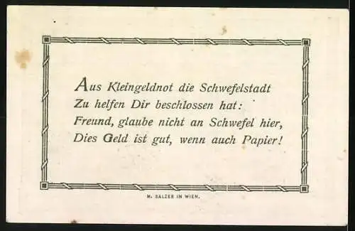 Notgeld Baden 1920, 50 Heller, Landschaftsmotiv mit Gebäuden und Gedicht auf Rückseite