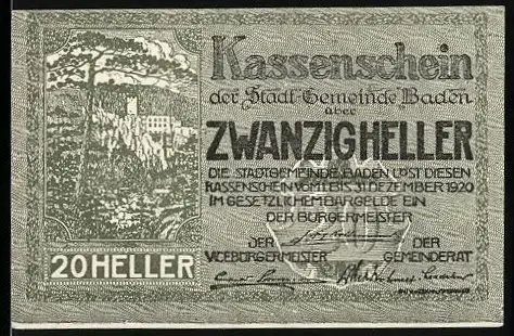 Notgeld Baden 1920, 20 Heller, Landschaftsmotiv mit Burgruine und Reimtext