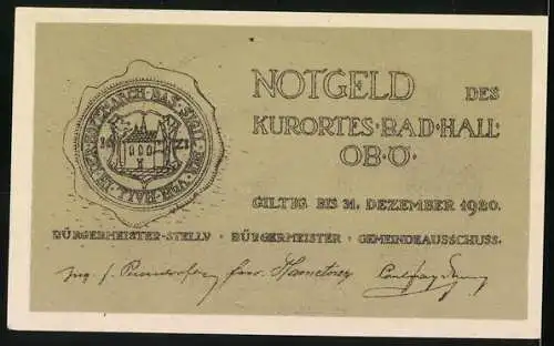 Notgeld Bad Hall 1920, 75 Heller, Kurhaus-Motiv mit Wappen und Unterschriften