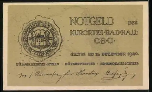 Notgeld Bad Hall 1920, 20 Heller, Rathausansicht und Siegel des Kurortes mit Unterschriften
