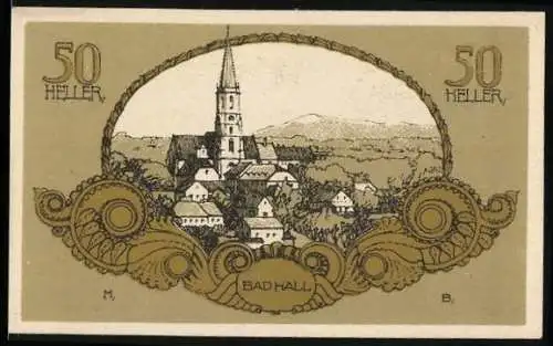 Notgeld Bad Hall 1920, 50 Heller, Stadtansicht mit Kirche und Wappen