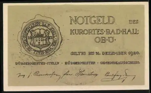 Notgeld Bad Hall 1920, 50 Heller, Stadtansicht mit Kirche und Wappen