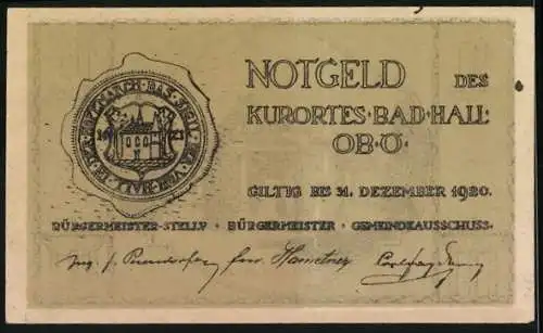 Notgeld Bad Hall 1920, 10 Heller, Tassiloquelle und Wappen mit Gültigkeit bis 31. Dezember 1920