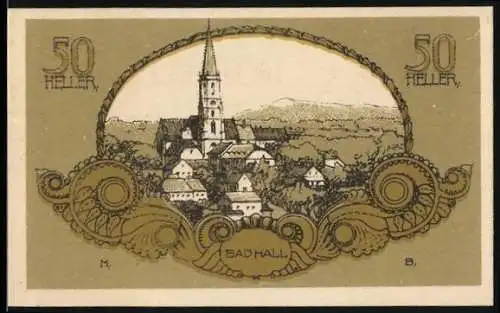 Notgeld Bad Hall 1920, 50 Heller, Stadtansicht mit Kirche, Wappen und Unterschriften