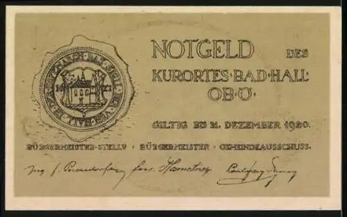 Notgeld Bad Hall 1920, 50 Heller, Stadtansicht mit Kirche, Wappen und Unterschriften