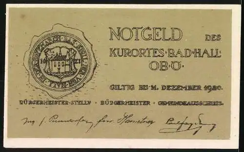 Notgeld Bad Hall 1920, 75 Heller, Kurhaus mit Wappen und Unterschriften