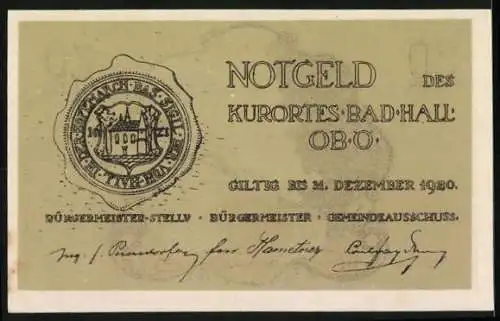 Notgeld Bad Hall 1920, 20 Heller, Rathaus-Motiv, Wappen und Unterschriften