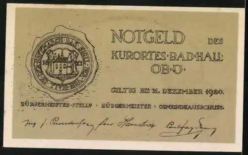 Notgeld Bad Hall 1920, 50 Heller, Stadtansicht mit Kirche und Wappen des Kurortes Bad Hall