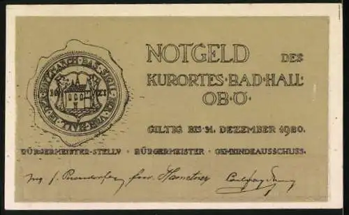 Notgeld Bad Hall 1920, 10 Heller, Tassiloquelle, Wappen von Bad Hall