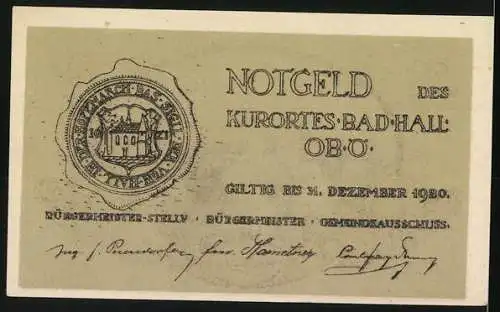 Notgeld Bad Hall 1920, 50 Heller, Stadtansicht mit Kirche und Wappen