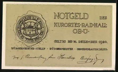 Notgeld Bad Hall 1920, 10 Heller, Tassiloquelle, Wappen