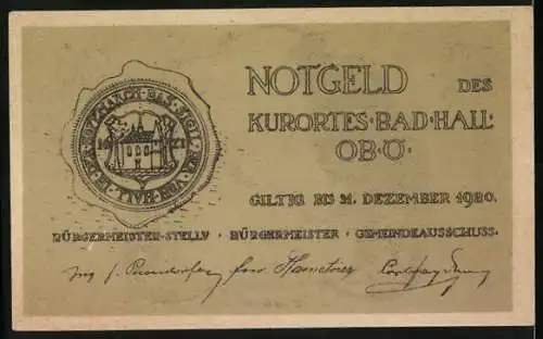 Notgeld Bad Hall 1920, 20 Heller, Rathaus mit Wappen und Unterschriften