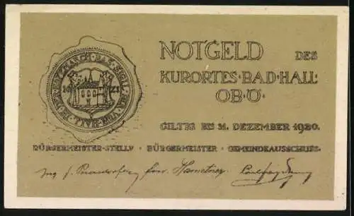 Notgeld Bad Hall 1920, 75 Heller, Kurhaus mit Wappen und Unterschriften