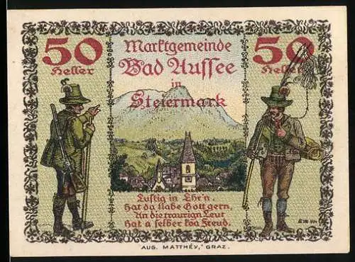 Notgeld Bad Aussee 1920, 50 Heller, Landschaft mit Berg und Trachten, Wappen mit Fisch und Fässern