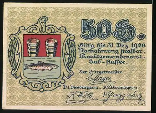 Notgeld Bad Aussee 1920, 50 Heller, Landschaft mit Berg und Trachten, Wappen mit Fisch und Fässern