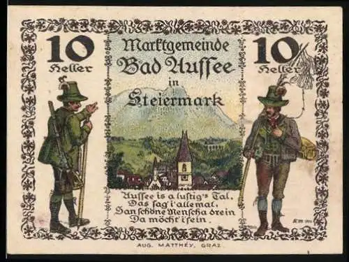 Notgeld Bad Aussee 1920, 10 Heller, Landschaft mit Wanderern und Wappen mit Fischen und Fässern