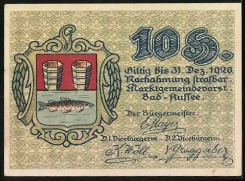 Notgeld Bad Aussee 1920, 10 Heller, Landschaft mit Wanderern und Wappen mit Fischen und Fässern