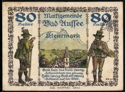 Notgeld Bad Aussee 1920, 80 Heller, Trachtenmotive und Wappen mit Fisch und Fässern