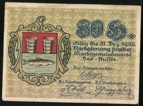 Notgeld Bad Aussee 1920, 80 Heller, Trachtenmotive und Wappen mit Fisch und Fässern