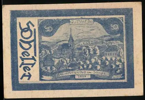 Notgeld Bachmanning 1920, 50 Heller, Dorflandschaft mit Kirche und Berg im Hintergrund