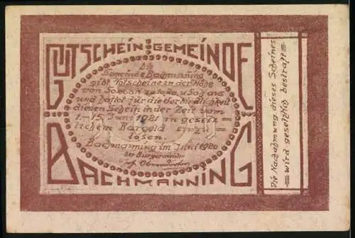 Notgeld Bachmanning 1920, 50 Heller, Dorflandschaft mit Kirche und Berg im Hintergrund