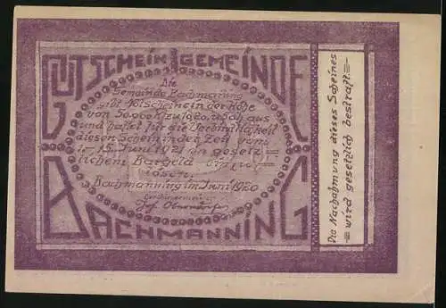 Notgeld Bachmanning 1920, 20 Heller, Dorfszene mit Bauern und Pferden, lila Druck