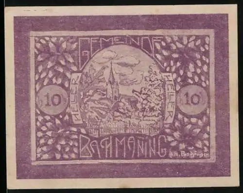 Notgeld Bachmanning 1920, 10 Heller, Kirche und Landschaftsmotiv, lila Gestaltung