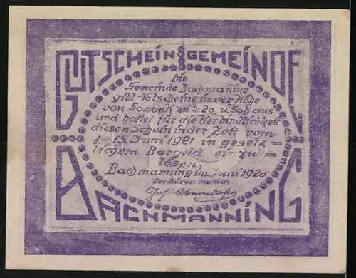 Notgeld Bachmanning 1920, 10 Heller, Kirche und Landschaftsmotiv, lila Gestaltung