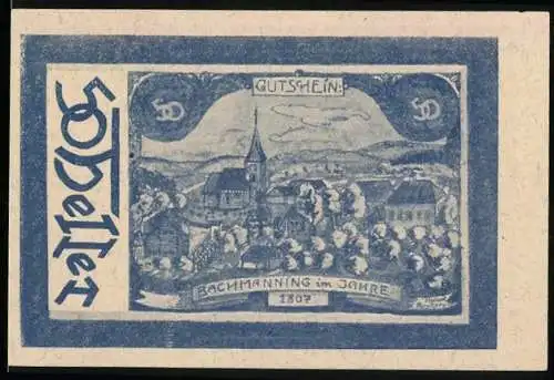 Notgeld Bachmanning 1920, 50 Heller, Dorflandschaft mit Kirche und Bäumen