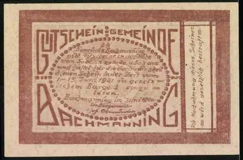 Notgeld Bachmanning 1920, 50 Heller, Dorflandschaft mit Kirche und Bäumen