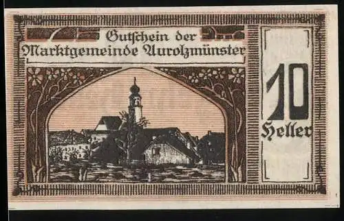 Notgeld Aurolzmünster 1920, 10 Heller, Kirche und Porträt eines Mannes