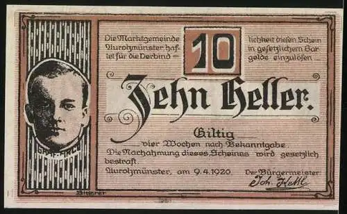 Notgeld Aurolzmünster 1920, 10 Heller, Kirche und Porträt eines Mannes