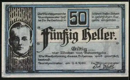 Notgeld Aurolzmünster 1920, 50 Heller, Landschaftsansicht und Porträt