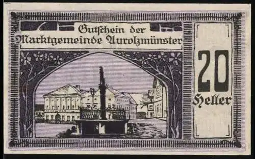 Notgeld Aurolzmünster 1920, 20 Heller, Architekturmotiv und Porträt eines Mannes