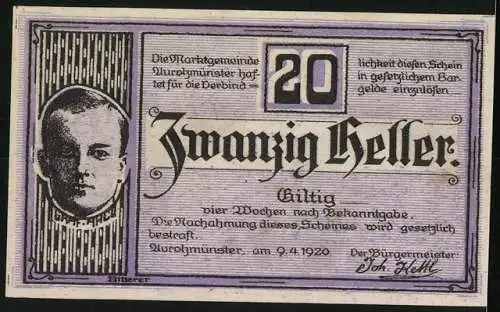 Notgeld Aurolzmünster 1920, 20 Heller, Architekturmotiv und Porträt eines Mannes