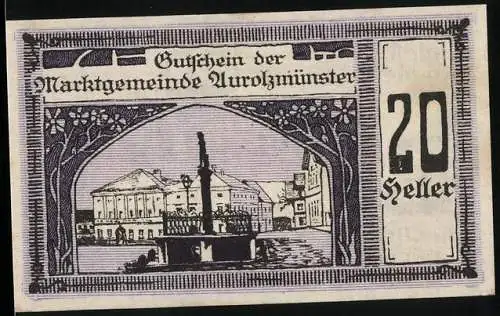 Notgeld Aurolzmünster 1920, 20 Heller, Stadtansicht und Porträt