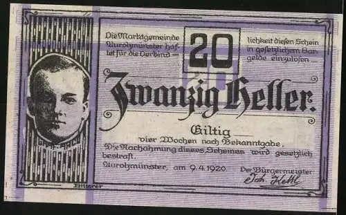 Notgeld Aurolzmünster 1920, 20 Heller, Stadtansicht und Porträt