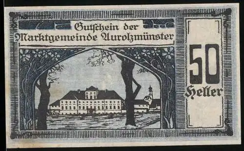 Notgeld Aurolzmünster 1920, 50 Heller, Gebäude und Porträt, Gutschein der Marktgemeinde