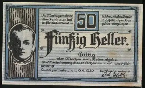 Notgeld Aurolzmünster 1920, 50 Heller, Gebäude und Porträt, Gutschein der Marktgemeinde