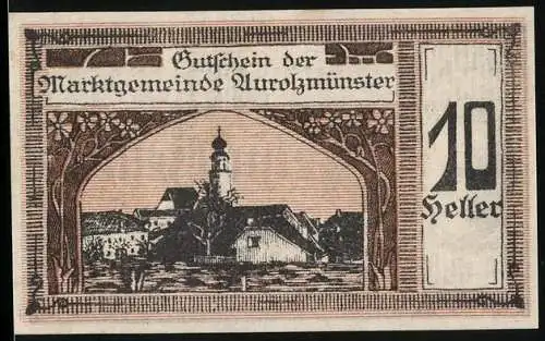 Notgeld Aurolzmünster 1920, 10 Heller, Kirche und Porträt eines Kindes