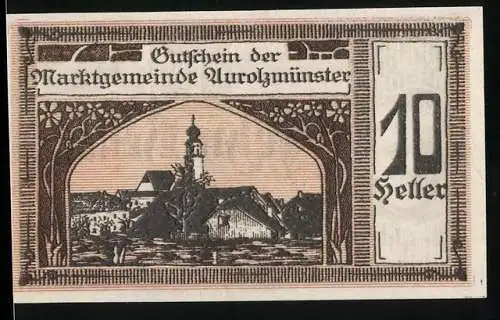 Notgeld Aurolzmünster 1920, 10 Heller, Kirchenansicht und Porträt