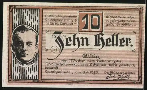 Notgeld Aurolzmünster 1920, 10 Heller, Kirchenansicht und Porträt
