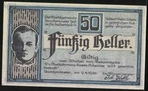 Notgeld Aurolzmünster 1920, 50 Heller, Schlossansicht und Porträt