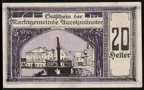 Notgeld Aurolzmünster 1920, 20 Heller, Marktplatz mit Brunnen und Porträt