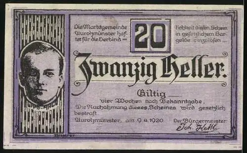 Notgeld Aurolzmünster 1920, 20 Heller, Marktplatz mit Brunnen und Porträt
