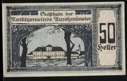 Notgeld Aurolzmünster 1920, 50 Heller, Gebäudeansicht und Porträt